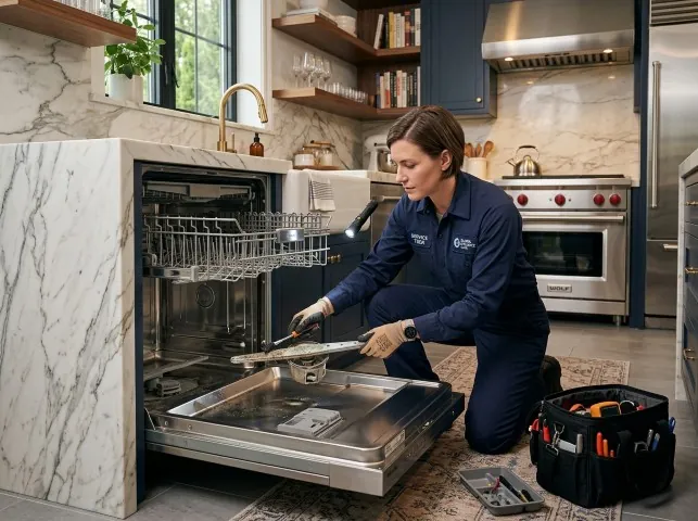 Appliance Repair Hero technician servicing a built-in dishwasher in a Brookline Village, MA kitchen