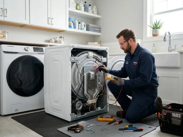 Appliance Repair Hero technician checking a dryer heating element with the rear panel off in Brookline Village, MA
