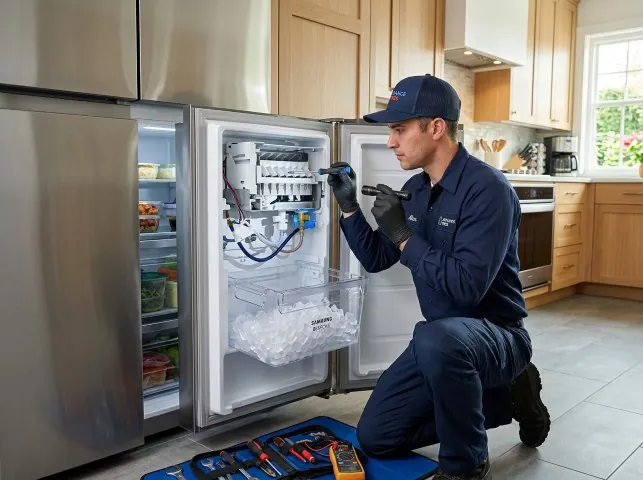 Appliance Repair Hero technician repairing a refrigerator ice maker in Brookline Village, MA