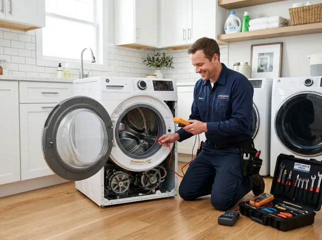 Appliance Repair Hero technician testing a front-load washer with a multimeter on a Brookline Village, MA service call